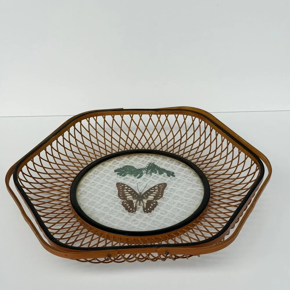 Vintage Basket Jetline Japan Rattan Bamboo‎ Lucite Butterfly Floral Boho Cottage